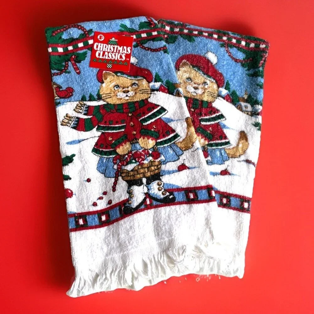 Vintage Christmas Classics Kitchen Towel Cat Kitten Anthropomorphic Set of 2